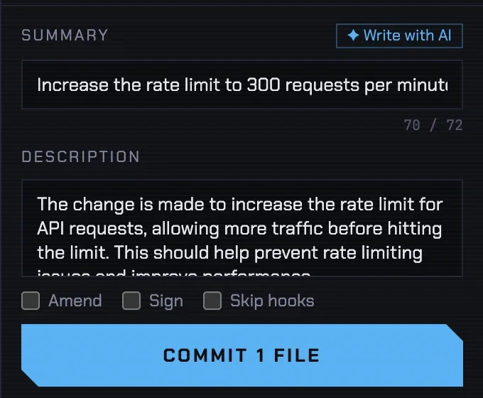 A commit message written by AI: Increase the rate limit to 300 requests per minute with a burst of 40.