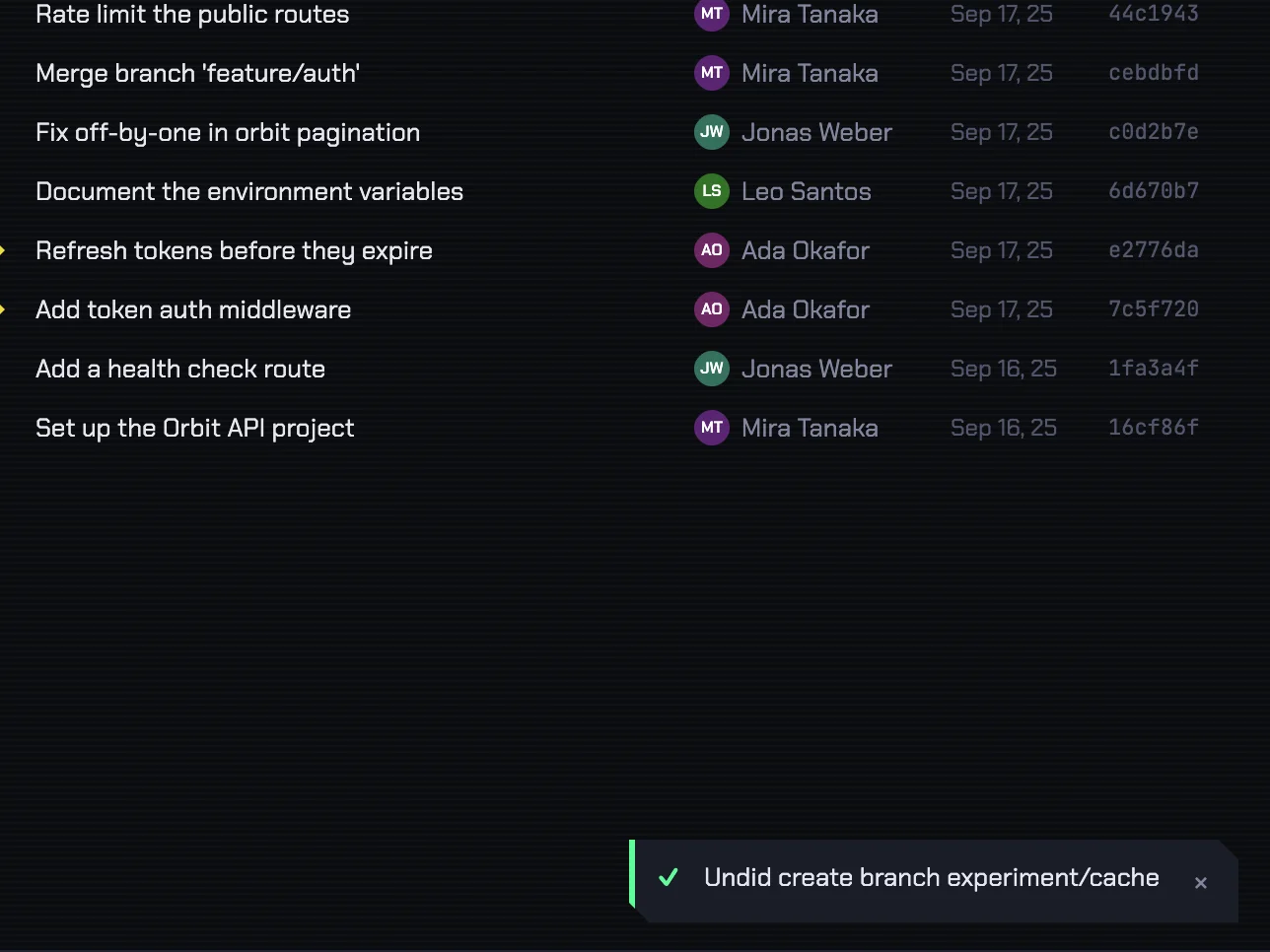Antler's history with a notice reading: Undid create branch experiment/cache.